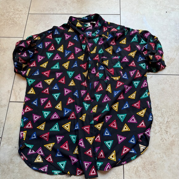 VTG Separate Issue 80s Colorful Triangles Pattern Button Up Top - Picture 1 of 7